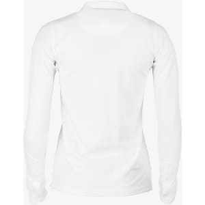 A long-sleeved white polo shirt with a collar and a logo on the back.