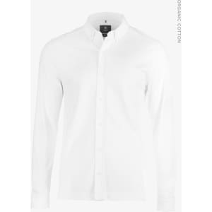A white long-sleeve polo shirt made from organic cotton, featuring a collar and a logo on the chest.