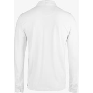 A white long-sleeved polo shirt with a collar and a subtle logo on the back.