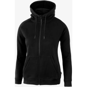 A black hooded women's jacket with a front zipper and two pockets, featuring a logo.