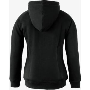 A black women's hoodie with a fitted design and a hood, featuring a logo on the back.
