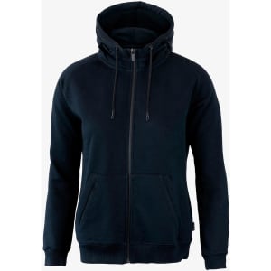 A navy blue women's hoodie with a front zipper, two pockets, and a hood, featuring a logo.
