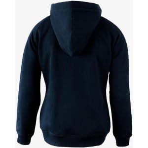 A dark navy hoodie featuring a hood and a plain back design, suitable for women. Includes a logo on the fabric.
