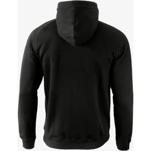 A black hoodie with a hood and long sleeves, featuring a simple design and a logo on the back.