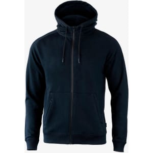 A black men's zip-up hoodie with a hood and front pockets. The jacket features a simple design and has a logo.