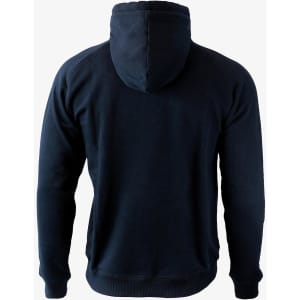 A dark navy hoodie with a back view, featuring a hood and a minimalist design. It has a branding logo.