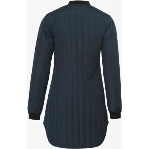 A dark blue puffer jacket with a quilted design and long sleeves, featuring a ribbed collar and cuffs.