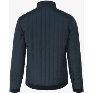 A navy soft shell jacket with a ribbed design and a collar, featuring a branded logo.