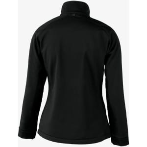 A black soft shell jacket with a high collar and long sleeves, featuring a logo on the back.