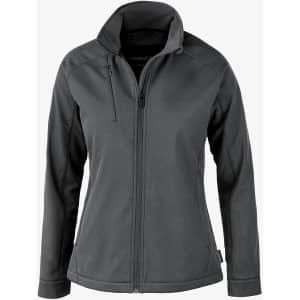 A soft shell jacket for women in grey, featuring a zip front and a collar, with a logo on it.