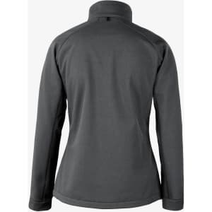 A grey soft shell jacket featuring a high collar and a logo, shown from the back.
