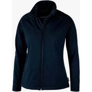 A navy women's soft shell jacket featuring a zip front and a collar. It includes a logo on the chest.
