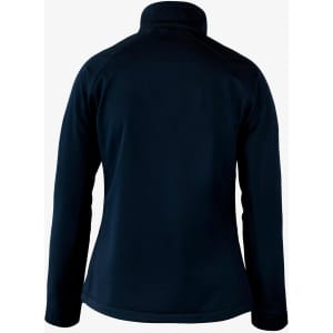 A soft shell jacket in navy blue with a high collar and a plain design, featuring branding on the back.