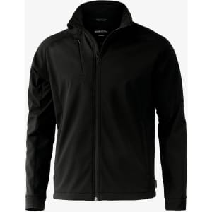 A black soft shell jacket with a zippered front and a hood, featuring a logo on the jacket.