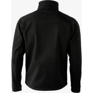 A black soft shell jacket with a high collar, featuring a logo on the back.