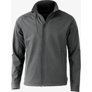 A soft shell jacket in a stylish dark grey colour featuring a zip front and a high collar. It has a logo on the chest.