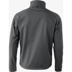 A grey soft shell jacket with a high collar and a rear view featuring a logo.