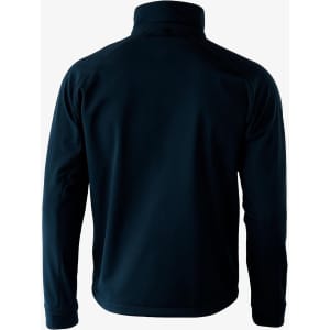 A dark navy soft shell jacket with a high collar, featuring a logo on the back.