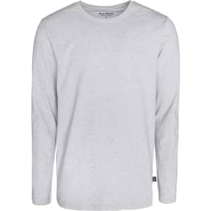 A grey long sleeve t-shirt featuring a round neck and a small logo on the side hem.