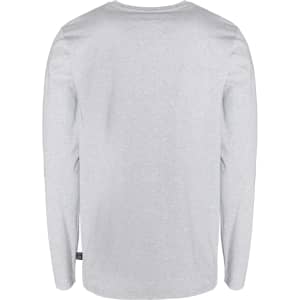 A grey men's long sleeve t-shirt featuring a simple design and a logo at the hem.
