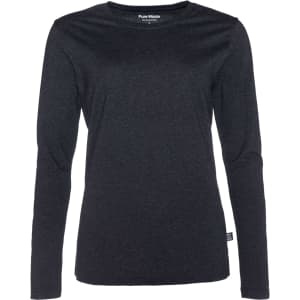 A black women's long sleeve t-shirt with a round neckline and a logo on the side.