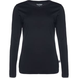 A women's long sleeve t-shirt in black, featuring a logo on the side.