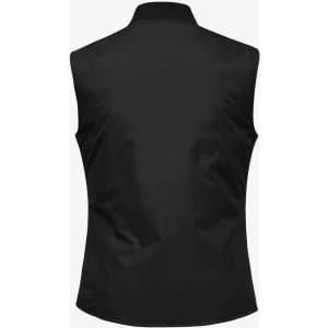 A sleeveless black puffer vest featuring a smooth fabric texture and a back collar, with a logo branding.