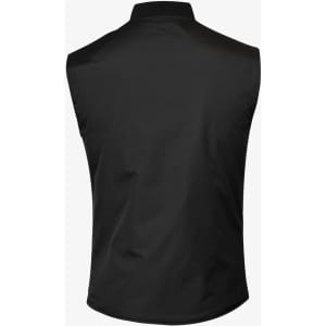A black vest featuring a simple design and no sleeves, with a collar and a logo at the back.