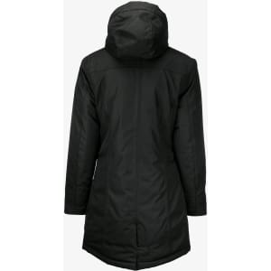 A black puffer jacket featuring a hood and a sleek, streamlined design, with a logo on the back.
