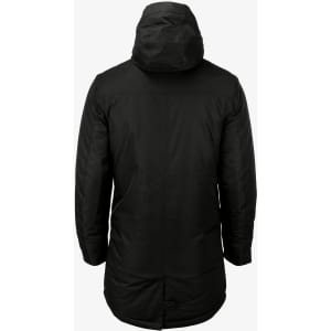 A black puffer jacket with a hood, featuring a simple design and a back view. Includes a logo on the fabric.
