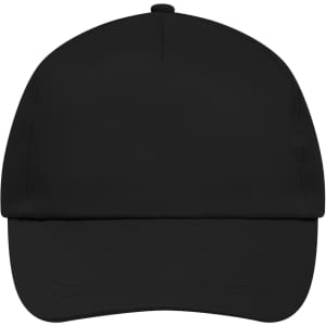 A black 5-panel promo cap featuring a curved peak and a logo on the front. Ideal for various promotional uses.