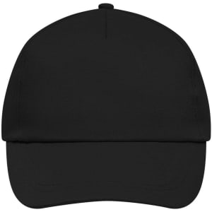 A black 5 panel promo cap featuring a curved brim and a plain design, with a logo.