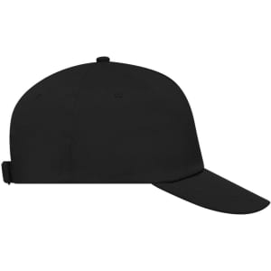 A black 5 Panel Promo Cap featuring a rear adjustment strap and a logo on the front.