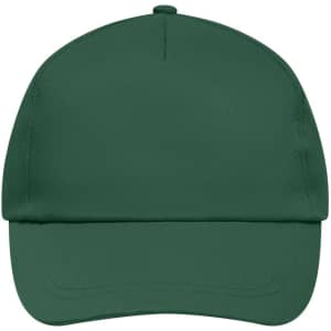 A green 5 panel promotional cap featuring a curved brim and a logo on the front.
