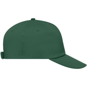 A green 5 panel cap with an adjustable strap at the back and a logo on the front.