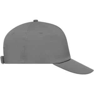 A grey 5 panel cap with a flat brim and an adjustable strap at the back. It features a logo on the side.