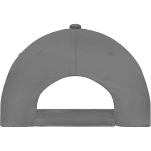A grey 5 panel promotional cap featuring a back opening and a button on top. It has a brand logo.
