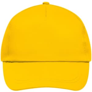 A bright yellow 5-panel cap featuring a structured front, designed for promotional use, with a branding logo.