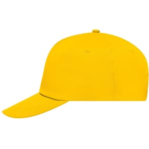 A yellow 5 Panel Promo Cap featuring a curved brim and a button on top, with a logo present.