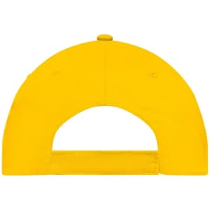 A bright yellow 5 Panel Promo Cap featuring a rear adjustable strap and a logo on the back.