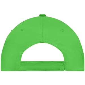 A bright green 5 panel cap featuring a back closure and a logo.