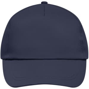 A navy blue five-panel promotional cap featuring a structured design and a logo on the front.
