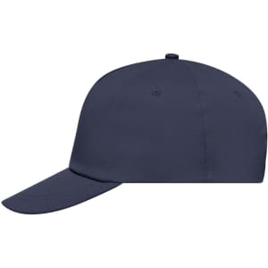 A navy blue 5 panel cap with a curved peak and a smooth surface, featuring a logo on the front.