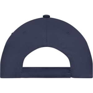 A navy blue 5 Panel Promo Cap featuring a rear view, with an adjustable strap and a branding logo.