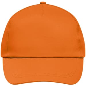 An orange 5 panel promo cap with a seamless front panel and a logo.