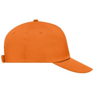 An orange 5 Panel Promo Cap with a structured design and a rear adjustable strap, featuring a logo.