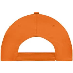 An orange 5 Panel Promo Cap featuring an adjustable strap and a curved peak, with a logo on the back.