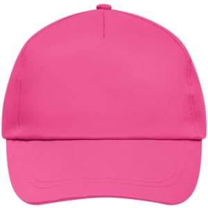 A pink 5 Panel Promo Cap with a smooth fabric finish and a curved brim. It features a logo on the front.