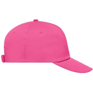 A vibrant pink 5 Panel Promo Cap with a back strap and ventilation holes. Features a logo.