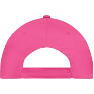 A pink 5 Panel Promo Cap featuring a back opening and an adjustable strap. It includes a logo.